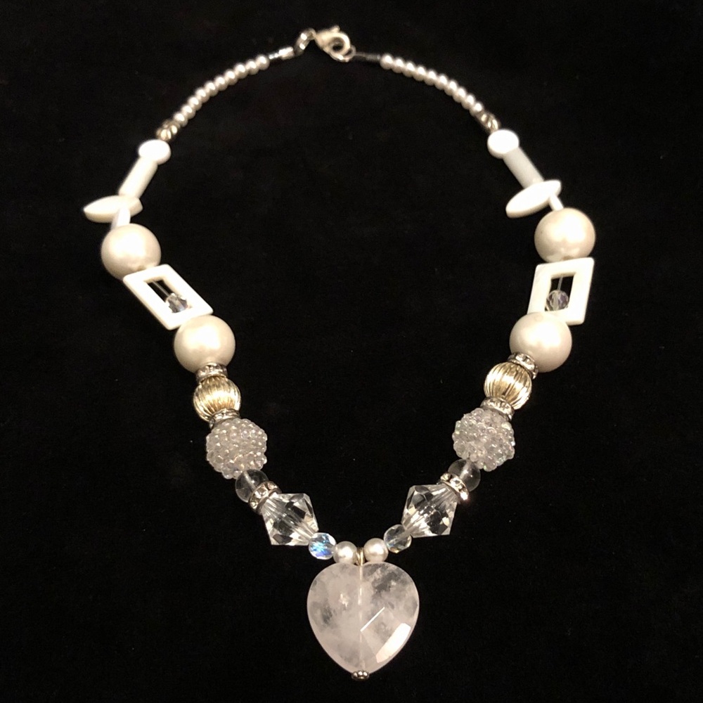 Vintage White Clear Quartz and Silver Tone Beaded Heart Necklace